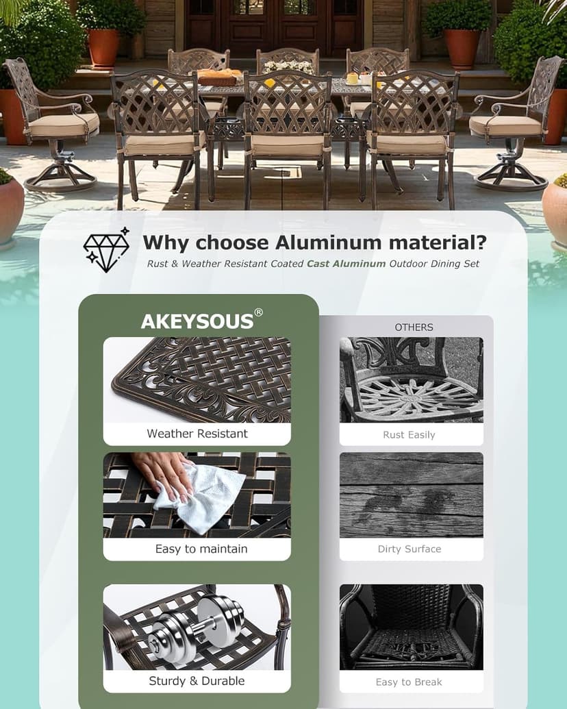 9 Piece Cast Aluminum Outdoor Dining Set, Retro Patio Dining Furniture Set for 8 Includes 86” Table 2 Swivel & 6 Stackable Lattice Chairs with Cushions and 2“ Umbrella Hole for Porch Poolside Garden