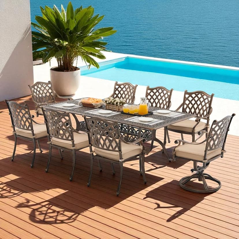 9 Piece Cast Aluminum Outdoor Dining Set, Retro Patio Dining Furniture Set for 8 Includes 86” Table 2 Swivel & 6 Stackable Lattice Chairs with Cushions and 2“ Umbrella Hole for Porch Poolside Garden