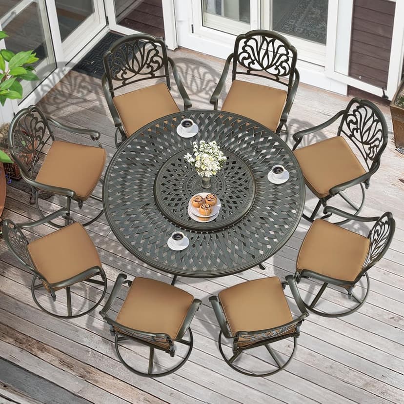 MEETWARM Outdoor 9-Piece Patio Dining Set, All-Weather Cast Aluminum Patio Conversation Set- 8 Cushioned Swivel Rocker, 61" Round Patio Dining Table w/Detachable Lazy Susan/Umbrella Hole, Dark Bronze