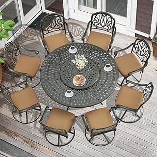 MEETWARM Outdoor 9-Piece Patio Dining Set, All-Weather Cast Aluminum Patio Conversation Set- 8 Cushioned Swivel Rocker, 61" Round Patio Dining Table w/Detachable Lazy Susan/Umbrella Hole, Dark Bronze