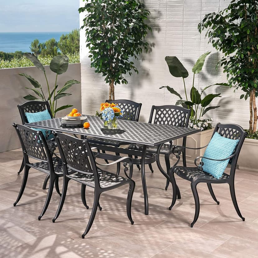 Christopher Knight Home Cayman Outdoor 6-Seater Cast Aluminum Dining Set, 7-Pcs Set, Black Sand