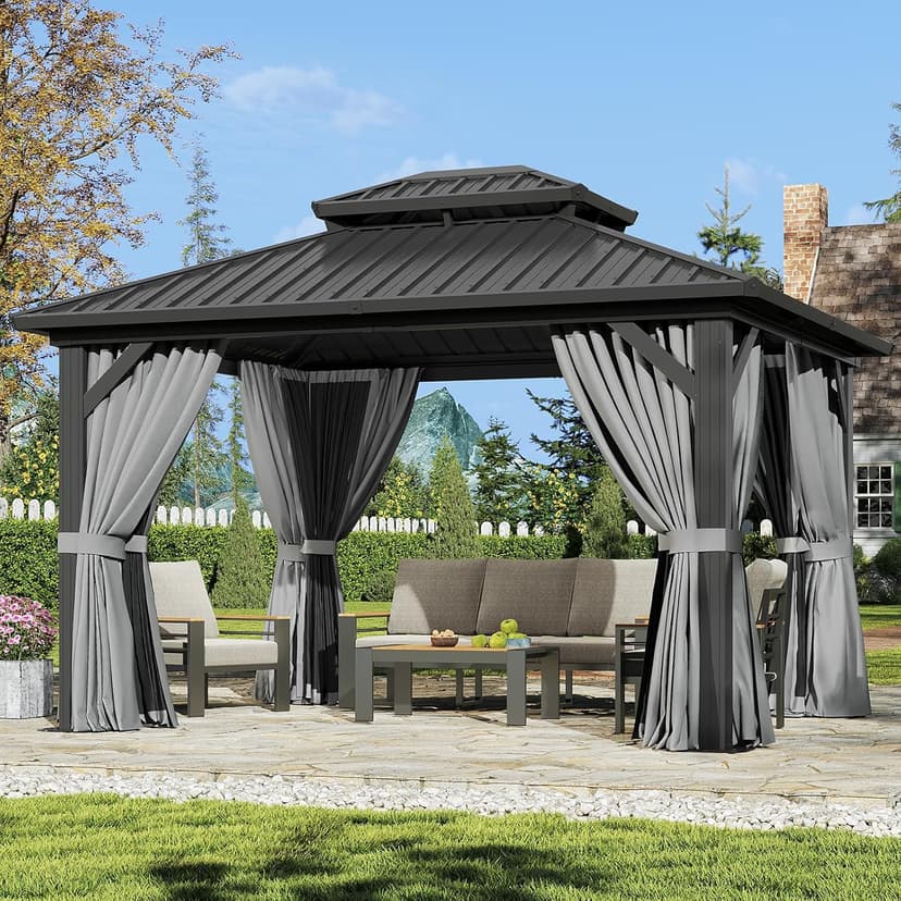 Aoxun 12'x10' Hardtop Gazebo, Aluminum Frame Permanent Pavilion with Curtains and Netting, Outdoor Galvanized Double Roof Canopy, Designed for Garden, Lawns, Patio (Black/Grey)