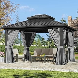 Aoxun 12'x10' Hardtop Gazebo, Aluminum Frame Permanent Pavilion with Curtains and Netting, Outdoor Galvanized Double Roof Canopy, Designed for Garden, Lawns, Patio (Black/Grey)