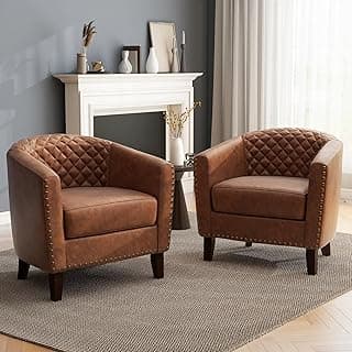 UIXE Faux Leather Accent Chairs Set of 2, Barrel Club Chair Modern Upholstered Armchair for Living Room, Comfy Nailed Trim Arm Chair Bedroom Reading Seat, Brown
