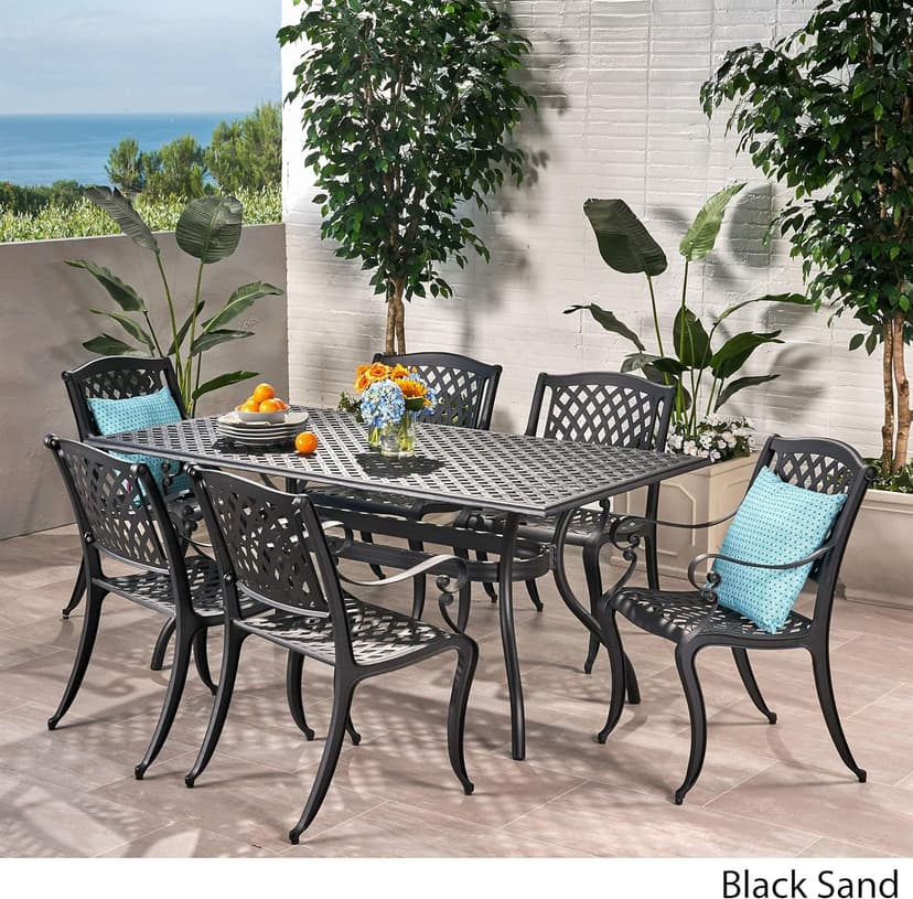 Christopher Knight Home Cayman Outdoor 6-Seater Cast Aluminum Dining Set, 7-Pcs Set, Black Sand