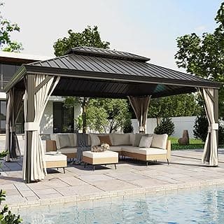 LAUSAINT HOME Outdoor Hardtop Gazebo for Patios 12x16ft, Permanent Heavy Duty Metal Double Roof Pavilion with Aluminum Frame & Enclosed Curtains and Mosquito Nettings for Lawn and Garden, Brown Metal
