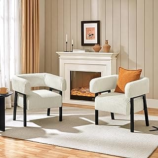 Yaheetech Corduroy Barrel Accent Chair Set of 2, Modern Upholstered Armchair with Solid Wood Legs, Cozy Leisure Chair with Pocket Coiled Seat for Living Room, Bedroom, Reading Nook Beige