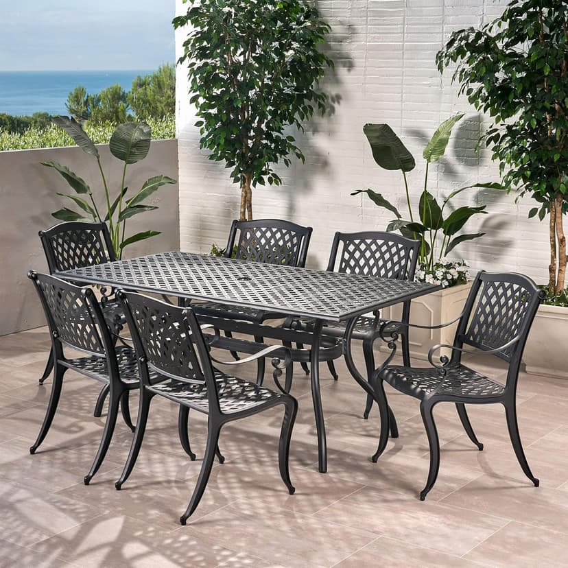 Christopher Knight Home Cayman Outdoor 6-Seater Cast Aluminum Dining Set, 7-Pcs Set, Black Sand