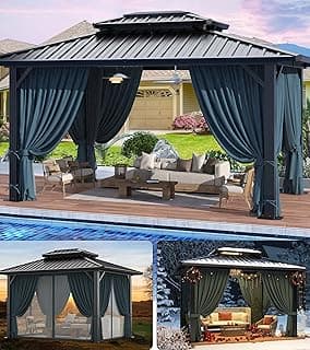 HOTEEL 10x12 Hardtop Gazebo Hot Tub Gazebo with Flame-Retardant Curtain Netting, Heavy Duty Pavilion with Galvanized Steel Double Roof, Aluminum Frame Outdoor Canopy for Patio, Party (2025 Upgraded)