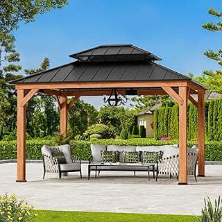 Modern Shade Rosewood Wood Gazebo 10' x 12', Cedar Framed Grill Gazebo with Double Galvanized Steel Roof, Permanent Hardtop Pavilion with Sturdy Hooks for Garden, Backyard, Patio, and Deck