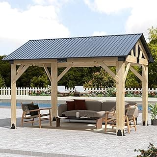 10' x 12' Wood Gazebo, Outdoor Cedar Hardtop Wooden Frame Gazebos with Galvanized Steel Roof for Garden, Patio, Deck