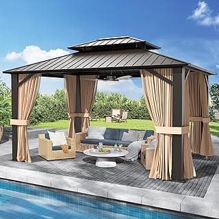 10’x12’ Hardtop Gazebo, Galvanized Steel Double Roof Canopy with Aluminum Frame, Outdoor Pavilion with Nettings and Curtains