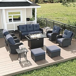 LayinSun 10 Piece Wicker Outdoor Furniture Set with 6-inch Comfy Cushions, High Back Patio Furniture Set with Swivel Rocking Chairs and Fire Pit Table