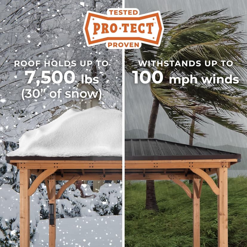 Backyard Discovery Barrington 12' x 12' Cedar Wood Outdoor Gazebo Pavilion with Hardtop Galvanized Steel Hip Roof, Snow Support, Wind Resistance, PowerPort, Shade for Garden, Patio, Deck, Entertaining