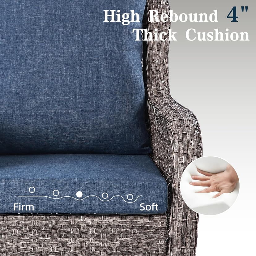 6 Piece Patio Furniture Set with Swivel Chairs, Side Table & Ottomans, Outdoor Conversation Set for Backyard, Deck, Porch, Poolside - Blue Comfortable Cushions in Mixed Grey Wicker