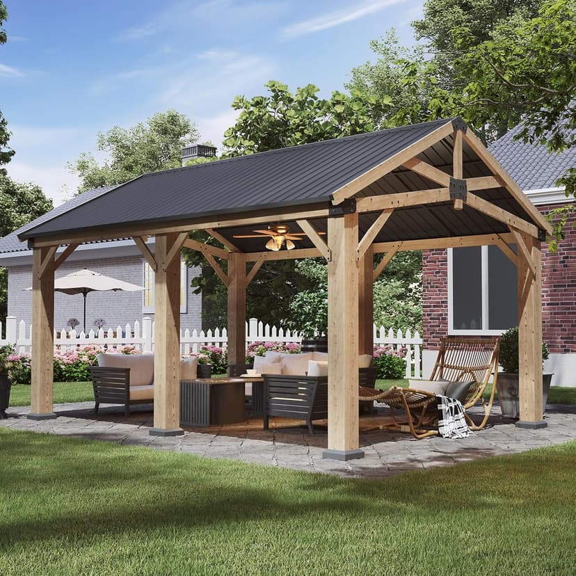 Aoxun 12' x 16' Outdoor Wood Gazebo, Hardtop Gazebo Permanent Wooden Pavilion with Galvanized Steel Gable Roof, for Patio, Garden, Deck, Cedar Wood