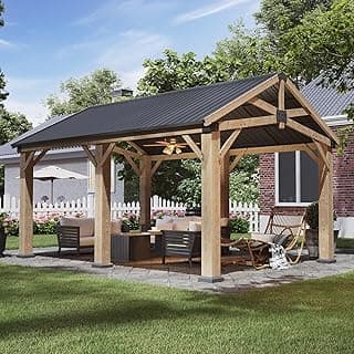Aoxun 12' x 16' Outdoor Wood Gazebo, Hardtop Gazebo Permanent Wooden Pavilion with Galvanized Steel Gable Roof, for Patio, Garden, Deck, Cedar Wood