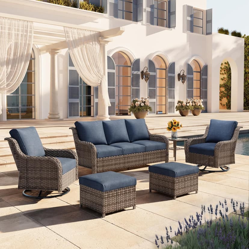 6 Piece Patio Furniture Set with Swivel Chairs, Side Table & Ottomans, Outdoor Conversation Set for Backyard, Deck, Porch, Poolside - Blue Comfortable Cushions in Mixed Grey Wicker