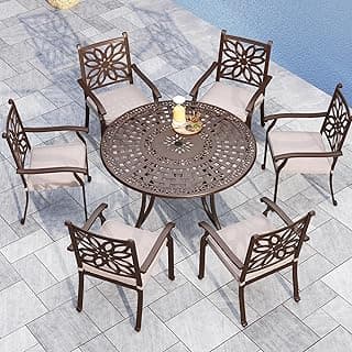 Sophia & William 7 Pieces Cast Aluminium Patio Dining Furniture Set for 6, Powder-Coating Outdoor Dining Chairs and Round Table with 2.2" Umbrella Hole for Porch Backyard Deck, Bronze