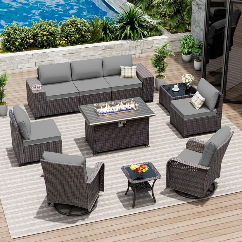 10 Pieces Patio Furniture Set with 2 Swivel Chairs Patio Furniture Outdoor Sectional Sofas with 55000 Gas Fire Pit Patio Conversation Set w/7 Cushions-Gary