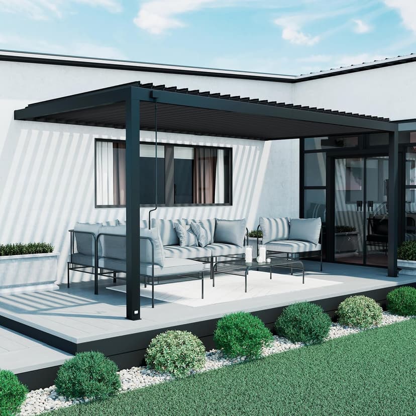 Backyard Discovery Evanston 18'x10' Galvanized Steel Wall-Mounted Louvered Pergola Kit with Adjustable Roof, Shade, Rain Protection, High-Wind Rating, PowerPort, Gutter System for Outdoor Patio, Deck