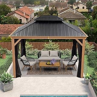 PURPLE LEAF 10' X 12' Outdoor Hardtop Gazebo for Patio Galvanized Steel Double Roof Permanent Canopy Teak Finish Coated Aluminum Frame Pavilion Gazebo with Netting