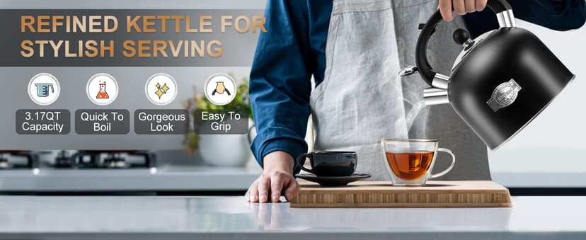 SUSTEAS Tea Kettle - 3.17QT Whistling Kettle with Ergonomic Handle - Premium Stainless Steel Tea Pots for Stove Top, Chic Vintage Teapot with Composite Base, Work for All Stovetops (Black)
