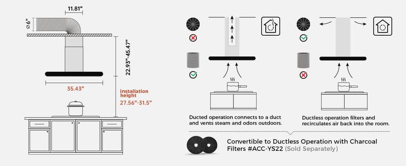 Empava 36 Inch Island Range Vent Hood Ceiling-Mount, Convertible Ducted/Ductless, 3-Speed Touch Control Timer, Stainless Steel Baffle, 4 LED Lights (Charcoal Filters Sold Separately)