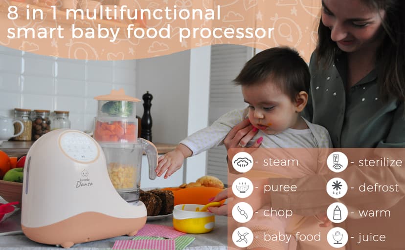 Baby Food Maker Chopper Grinder - Mills and Steamer 8 in 1 Processor for Toddlers - Steam, Blend, Chop, Disinfect, Clean, 20 Oz Tritan Stirring Cup, Touch Control Panel, Auto Shut-Off, 110V Only