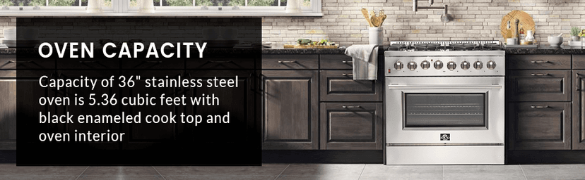 FORNO Galiano Dual Fuel 36" Inch. Freestanding Range 6 Sealed Brass Burners Cooktop - 5.36 Cu. Ft. Convection Electric Oven - Stainless Steel Stove Range Heavy Duty Cast Iron Grates