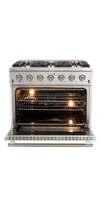FORNO Galiano Dual Fuel 36" Inch. Freestanding Range 6 Sealed Brass Burners Cooktop - 5.36 Cu. Ft. Convection Electric Oven - Stainless Steel Stove Range Heavy Duty Cast Iron Grates