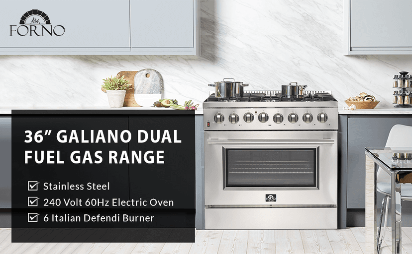 FORNO Galiano Dual Fuel 36" Inch. Freestanding Range 6 Sealed Brass Burners Cooktop - 5.36 Cu. Ft. Convection Electric Oven - Stainless Steel Stove Range Heavy Duty Cast Iron Grates