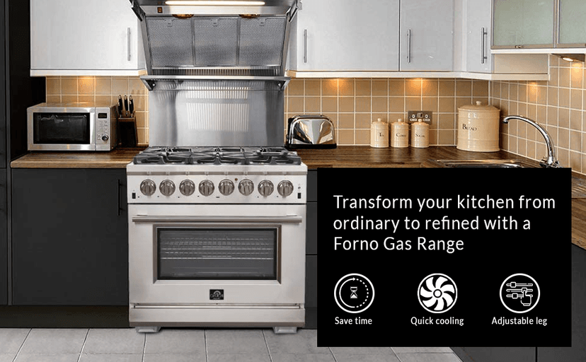 FORNO Galiano Dual Fuel 36" Inch. Freestanding Range 6 Sealed Brass Burners Cooktop - 5.36 Cu. Ft. Convection Electric Oven - Stainless Steel Stove Range Heavy Duty Cast Iron Grates