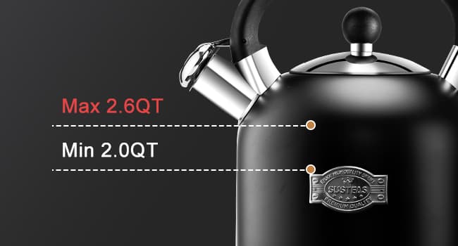 SUSTEAS Tea Kettle - 3.17QT Whistling Kettle with Ergonomic Handle - Premium Stainless Steel Tea Pots for Stove Top, Chic Vintage Teapot with Composite Base, Work for All Stovetops (Black)