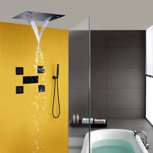 Waterfall And Rain Shower System Faucet Set 14 X 20 Inch LED Ceiling Rainfall Matte Black Shower Head With Handheld Spray Combo Shower Body Jets For Bathroom