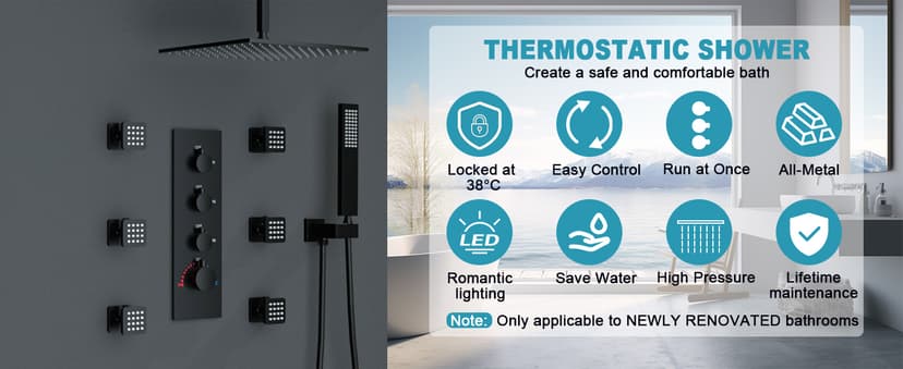 Full Body Rain Shower System - 16inch Matte Black LED Rain Shower Thermostatic Faucet Set - Spray Jet with On-off Switch, Can Run Together