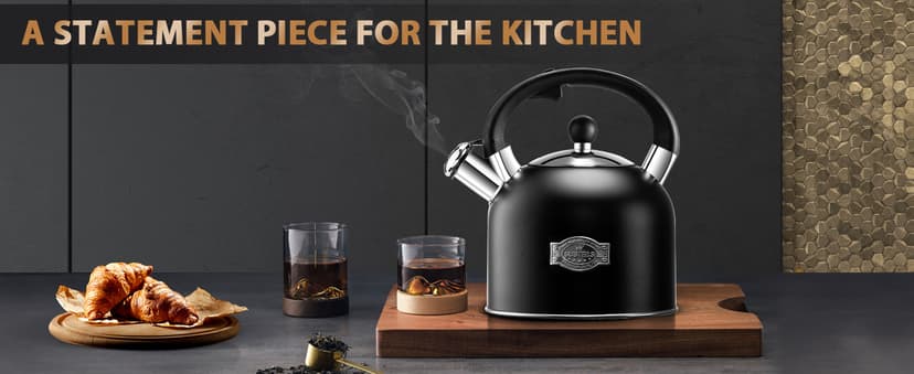 SUSTEAS Tea Kettle - 3.17QT Whistling Kettle with Ergonomic Handle - Premium Stainless Steel Tea Pots for Stove Top, Chic Vintage Teapot with Composite Base, Work for All Stovetops (Black)