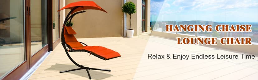 Giantex Hanging Chaise Lounger Chair, Arc Stand Porch Swing Chair w/Canopy, Cushion Built-in Pillow, Outdoor Freestanding Swing Hammock Chair for Patio Poolside Backyard Garden (Orange)