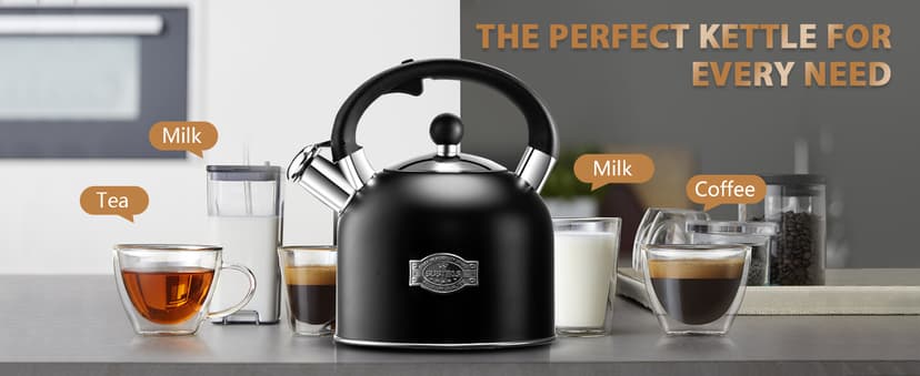 SUSTEAS Tea Kettle - 3.17QT Whistling Kettle with Ergonomic Handle - Premium Stainless Steel Tea Pots for Stove Top, Chic Vintage Teapot with Composite Base, Work for All Stovetops (Black)