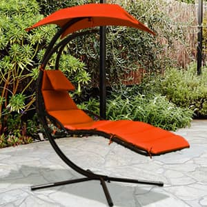 Giantex Hanging Chaise Lounger Chair, Arc Stand Porch Swing Chair w/Canopy, Cushion Built-in Pillow, Outdoor Freestanding Swing Hammock Chair for Patio Poolside Backyard Garden (Orange)