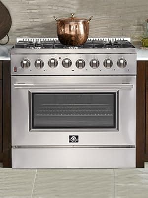 FORNO Galiano Dual Fuel 36" Inch. Freestanding Range 6 Sealed Brass Burners Cooktop - 5.36 Cu. Ft. Convection Electric Oven - Stainless Steel Stove Range Heavy Duty Cast Iron Grates