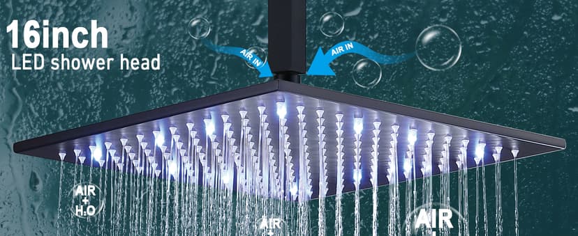 Full Body Rain Shower System - 16inch Matte Black LED Rain Shower Thermostatic Faucet Set - Spray Jet with On-off Switch, Can Run Together