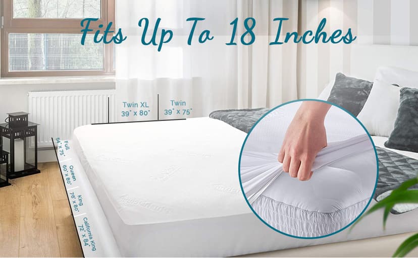 PlushDeluxe Premium Bamboo Mattress Protector – Queen Size, Waterproof, & Ultra Soft Breathable Noiseless Washable Bed Mattress Cover for Comfort & Protection - White
