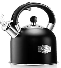 SUSTEAS Tea Kettle - 3.17QT Whistling Kettle with Ergonomic Handle - Premium Stainless Steel Tea Pots for Stove Top, Chic Vintage Teapot with Composite Base, Work for All Stovetops (Black)