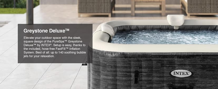 INTEX 28451EP PureSpa Greystone Deluxe Spa Set: Includes Energy Efficient Spa Cover and Wireless Control Panel – Spa Control App – Built-in FastFill Inflation System – 6 Person Capacity – 77" x 28"