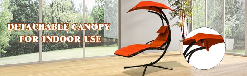 Giantex Hanging Chaise Lounger Chair, Arc Stand Porch Swing Chair w/Canopy, Cushion Built-in Pillow, Outdoor Freestanding Swing Hammock Chair for Patio Poolside Backyard Garden (Orange)