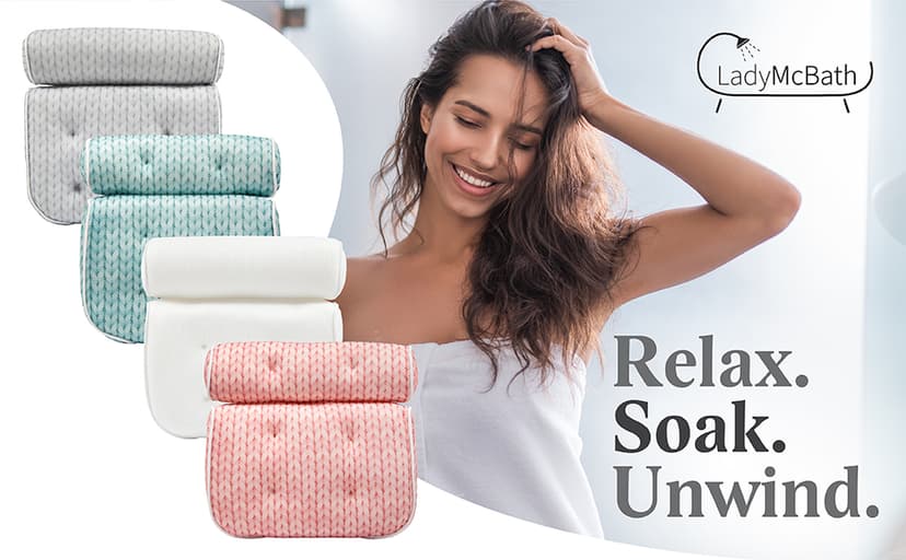 Lady McBath Bath Pillow - Luxury Bath Pillows for Tub Neck and Back Support - Powerful Suction Cups, Machine Washable Bathtub Accessory for Relaxation (Grey)