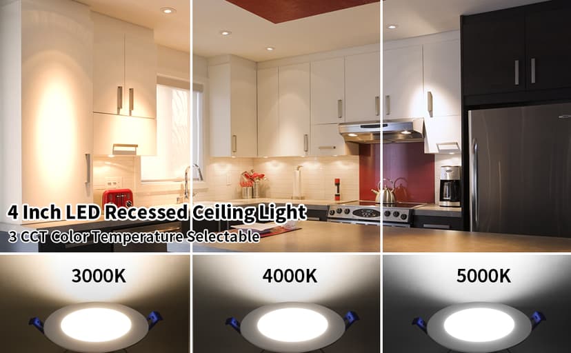 Meconard 4 Pack 4 Inch LED Recessed Ceiling Light with Junction Box, 3000K/4000K/5000K Selectable, 9W=75W 750LM, Dimmable Canless Downlights, ETL and Energy Star Listed