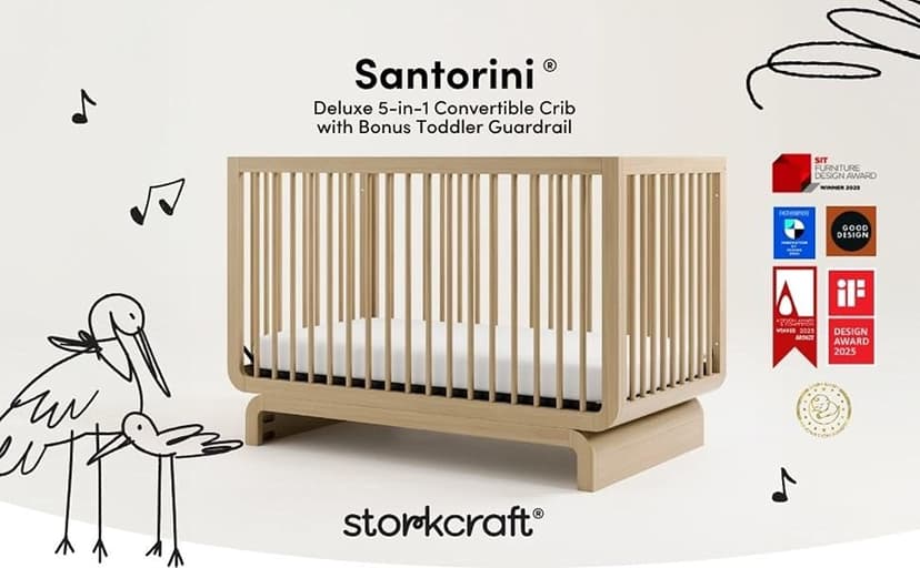 Storkcraft Santorini Deluxe 5-in-1 Convertible Crib with Bonus Toddler Guardrail (Driftwood) – GREENGUARD Gold Certified, Toddler Guardrail Included in Box, Fits Standard Crib Mattress