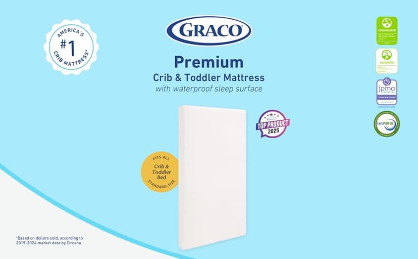 Graco Premium Crib & Toddler Mattress – GREENGUARD Gold Certified & CertiPUR-US Certified, Fits All Standard Crib & Toddler Beds, Waterproof Sleep Surface, Machine-Washable Outer Cover for Easy Care